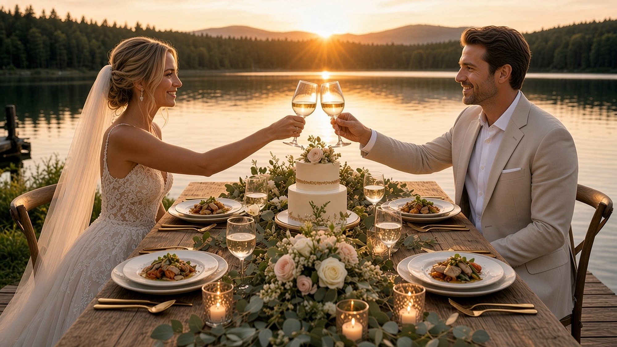 Lakeside Vows. Bride and groom toast at a lakeside table at golden hour.