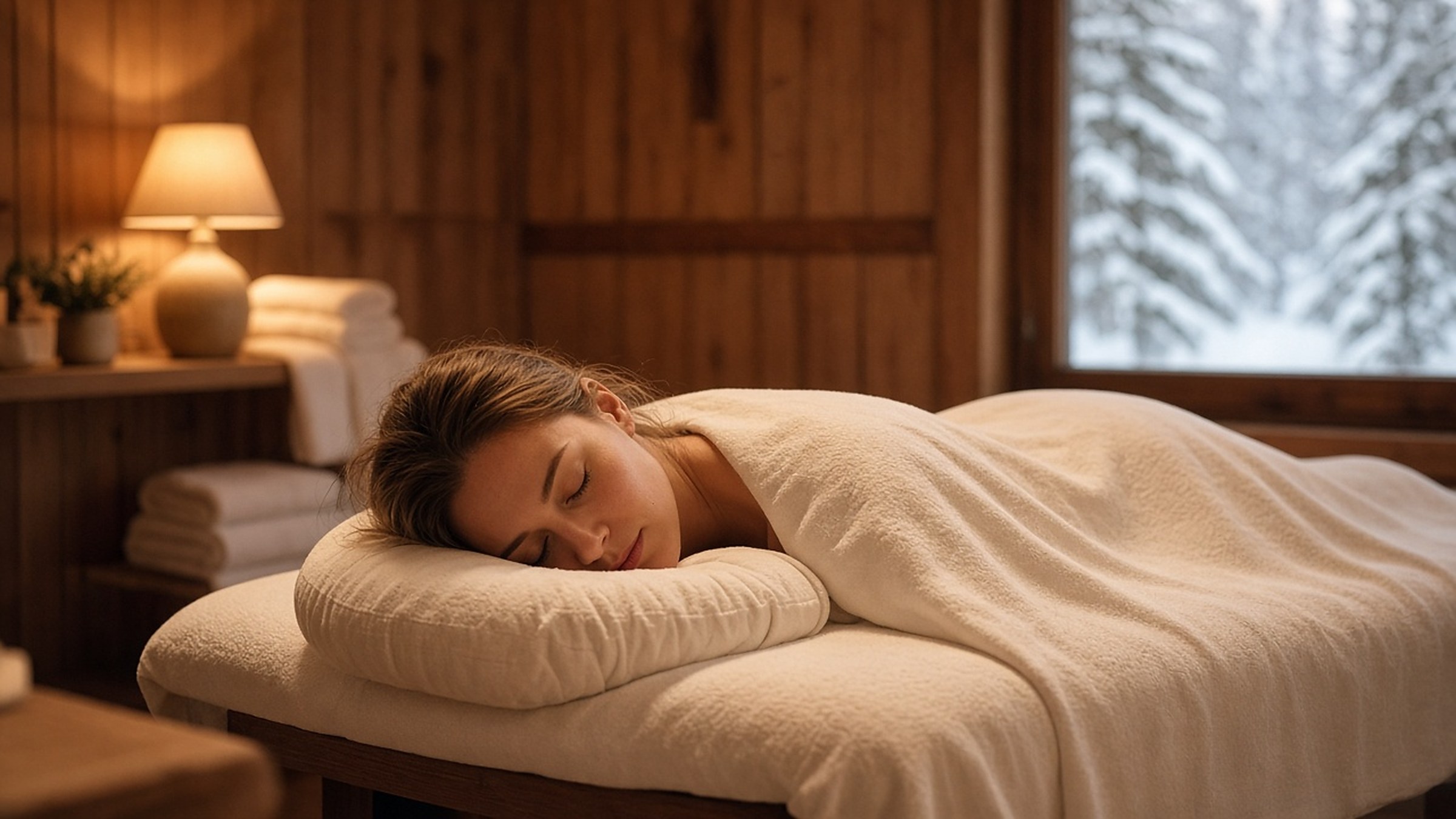 Woman resting face-down on a warm, linen-draped table beside a snowy window.